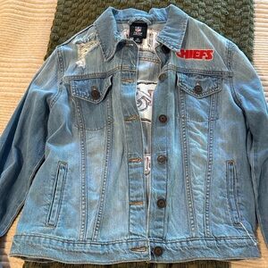 KC CHIEFS NFL Team Light Blue Denim Jean Jacket with Red 'CHIEFS' Accent